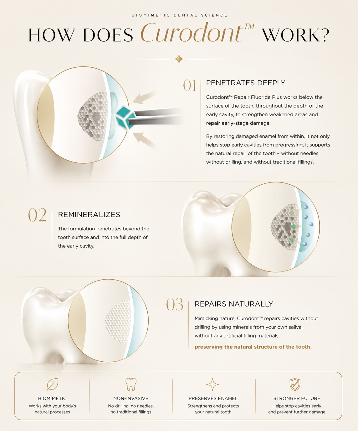 How Curodont works: penetrates deeply, remineralizes, repairs naturally